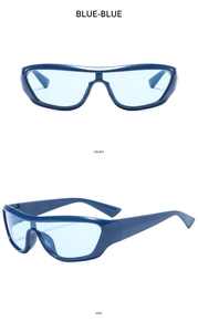 Front and side views of matte blue Y2K cycling sunglasses with light blue lenses