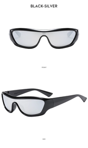Front and side views of Y2K wraparound sunglasses with silver mirrored lenses and black frame