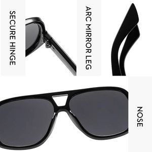 Detail view of durable metal hinges, ergonomic arc temples and nose pads for pilot sunglasses