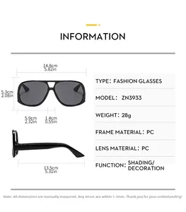 Detailed size chart for oversized aviator sunglasses showing frame and lens dimensions