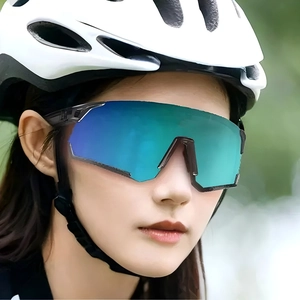 Oversized cycling sunglasses with blue-green mirrored lenses and lightweight black frame