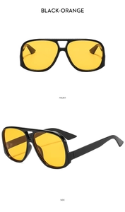 Front and side views of black pilot sunglasses with transparent orange lenses