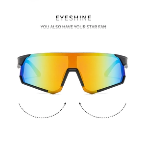 Detail of oversized cycling sunglasses with colorful reflective coating and matte frame