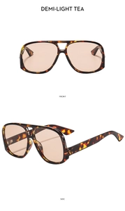 Front and side macro views of oversized demi-light tea pilot sunglasses with tortoiseshell frames