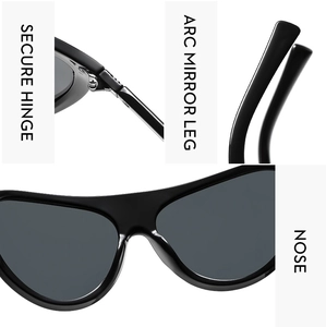 Détails de charnière robuste, branche incurvée et plaquettes de lunettes de soleil noires