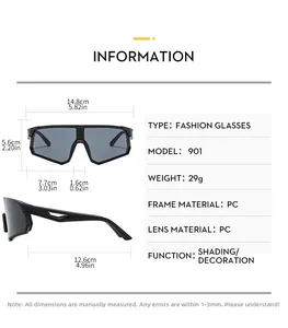 Detailed size chart for cycling sunglasses showing frame width and lens dimensions