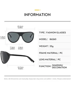 Diagramme technique de lunettes de soleil en PC noir montrant les dimensions détaillées