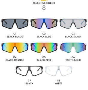 Matrix display of cycling sunglasses in eight different lens colors with large frames