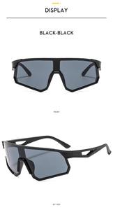 Front and 45-degree side views of black cycling sunglasses with hollowed temples