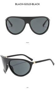 Vues de face et de profil de lunettes aviateur noires avec détails en métal doré