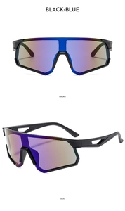 Detailed front and side views of black cycling sunglasses with blue polarized lenses