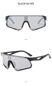 Front and side views of black-silver cycling sunglasses with wide protective lens