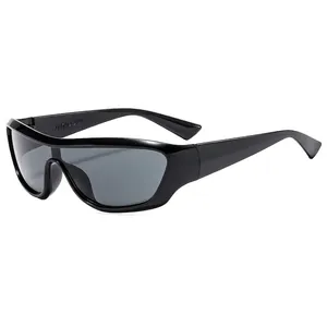 Y2K sporty oversized wrap-around sunglasses with black frame and grey lenses