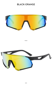 Detail of black-orange cycling sunglasses showing front and side view with vented arms
