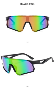 Front and side views of black and pink cycling sunglasses with iridescent gradient lenses