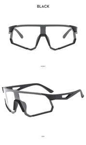 Front and side view of black large frame cycling sunglasses with hollowed-out temples