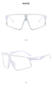 Detailed front and side views of white cycling sunglasses with oversized unibody lenses
