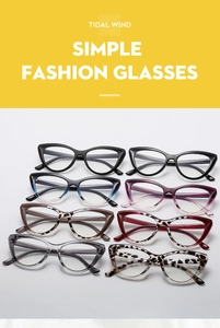 Collection of eight different stylish cat-eye anti-blue light glasses frames in varied colors