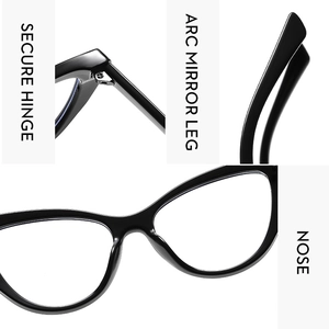 Detail showing secure hinge, arc mirror leg and nose pad on cat eye glasses frame