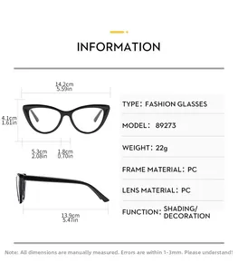 Detailed size chart for cat-eye glasses frame including width and lens height dimensions