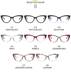 Flat lay display of cat eye eyeglass frames in eight assorted fashion color patterns