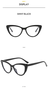 Front and side views of shiny black cat-eye glasses frames with a polished finish