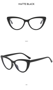 Front and side views of matte black cat-eye glasses frames for a stylish face-slimming look