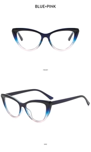 Cat eye glasses frame with blue and pink gradient design in front and side views