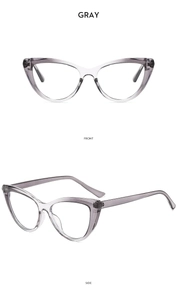 Front and side view of stylish cat-eye anti-blue light glasses in translucent gray