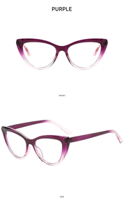 Cat-eye glasses frame featuring a purple gradient color from front and side perspectives