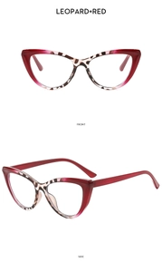 Front and side view of cat eye anti-blue light glasses frames in red and leopard print