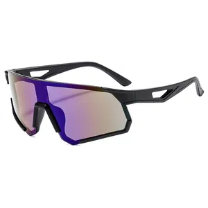 Oversize cycling sunglasses with purple mirrored lenses and black matte frame for sports