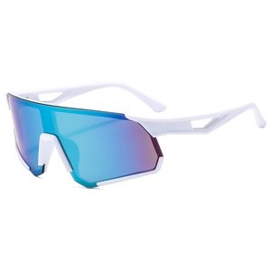 Oversized white cycling sunglasses with iridescent shield lens for outdoor sports