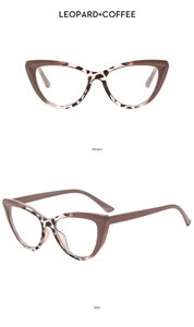 Front and side view of cat-eye glasses frame with leopard print and coffee color details