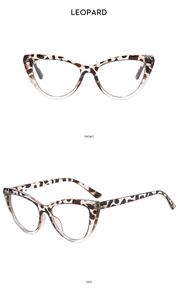 Front and side views of leopard cat eye glasses frames for women with clear lenses
