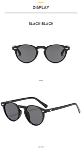 Vorder- und Seitenansicht der schwarzen Rundrahmen-Sonnenbrille mit Silbernieten