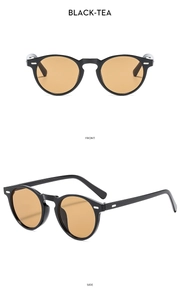 Vorder- und Seitenansicht der runden Vintage-Sonnenbrille in Schwarz mit teefarbenen Gläsern
