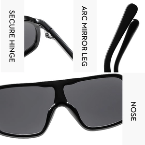 Detail view of secure hinges, arc mirror legs, and nose pads of oversized black sunglasses