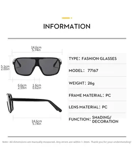 Detailed dimension guide for black oversized sunglasses with PC frames and lens specifications