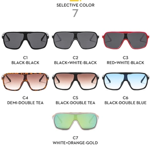 Detailed flat lay of oversized fashion sunglasses in seven different color variations