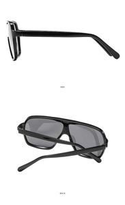 Side and back view of oversized black sunglasses with shiny finish and sturdy hinges