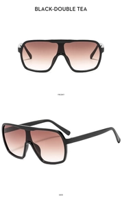 Detailed front and side views of large square black sunglasses with double tea gradient lenses