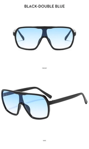 Detailed front and side views of black flat top sunglasses with blue gradient lenses