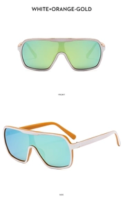 Detailed front and side view of oversized white and orange sunglasses with gradient mirror lens