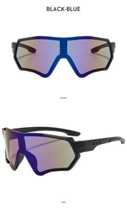 Vista frontale e laterale di occhiali da ciclismo neri opachi con lenti sfumate blu-viola