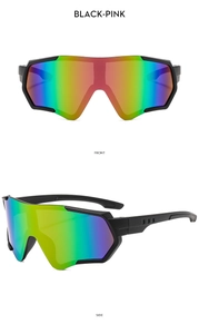 Vista frontale e laterale di occhiali da ciclismo sportivi nero-rosa con lenti arcobaleno