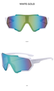 Dettaglio di occhiali da sole sportivi bianco-oro con lenti iridescenti e vista laterale