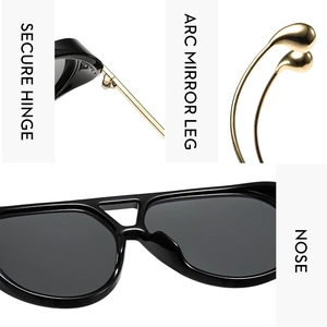 Detail view of fashion aviator sunglasses showing secure hinges and arc mirror legs