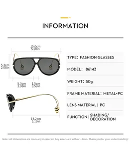 Size chart showing dimensions for large frame aviator sunglasses with metal and PC frame