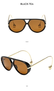 Front and side view of pilot sunglasses with black tea lenses and gold metal temples
